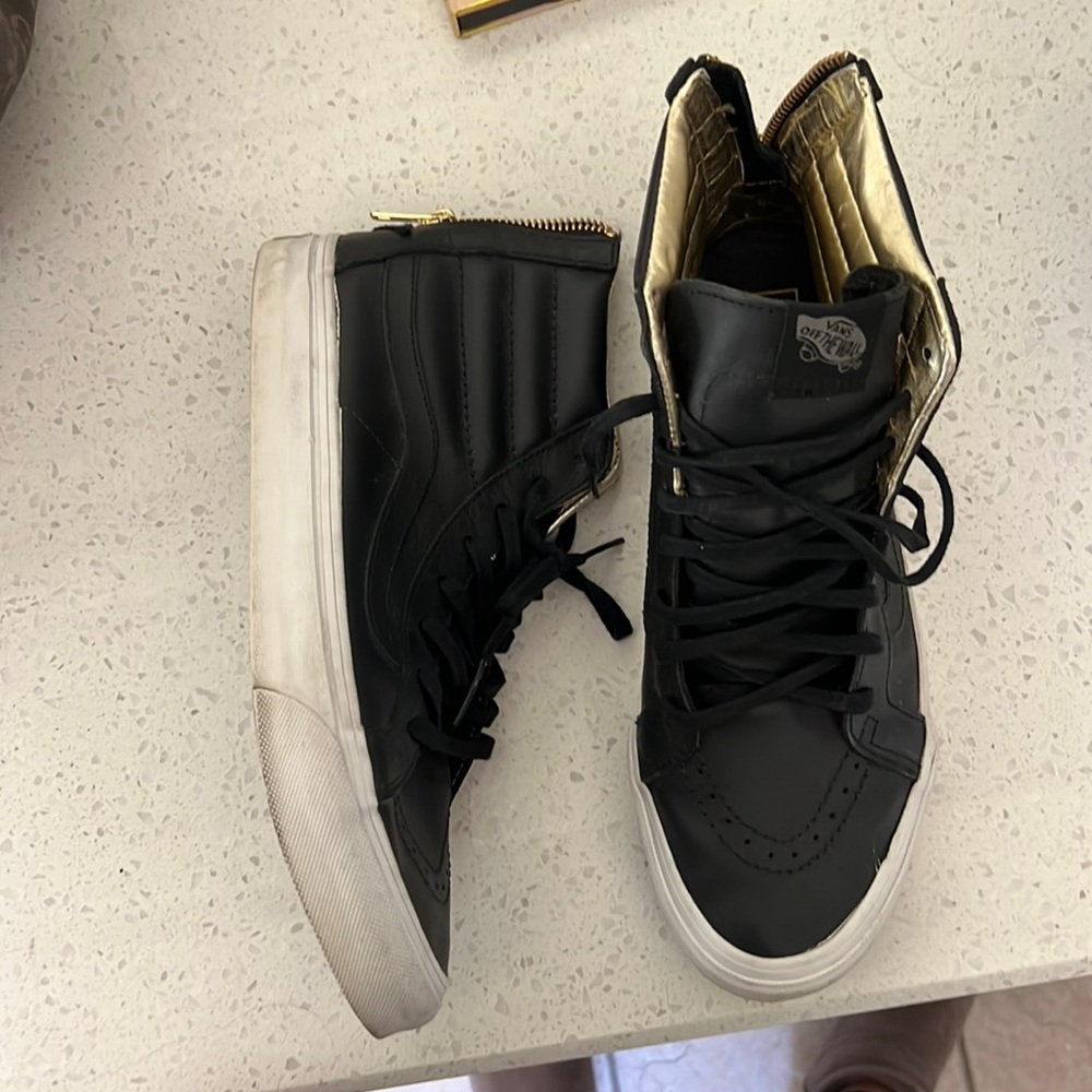 Size 9.5 women’s 8 men’s vans high top black leather with gold zipper in back